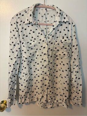 Whimsigoth Cottagecore Cat Lady Just Living Black Cat Print Blouse Small